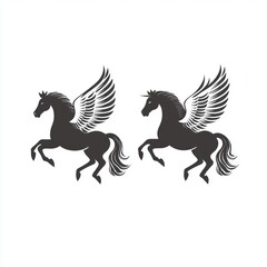 Fototapeta premium Two majestic winged horses, pegasus, in profile view, against a white background.