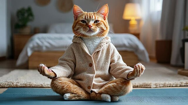 Ginger cat in bathrobe meditating in lotus position on yoga mat in cozy bedroom a housecoat is meditating with a well-lit bedroom in the background,