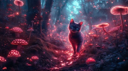 A magical cat walking through a forest of glowing mushrooms, casting spells that light up the path ahead