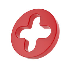 Cross shaped hole in red circle on white background. Isolated 3D illustration