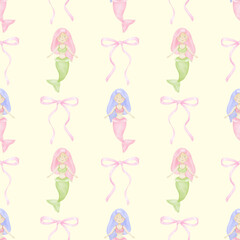 mermaid, bow. Watercolor seamless pattern in pastel colors for textile and wrapping paper. Cute underwater world illustration for kids