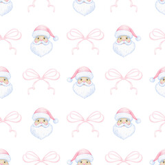 Santa Claus, bow. Watercolor seamless pattern in pastel colors. Cute cartoon illustration for textile and paper for Christmas