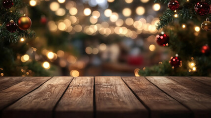 Rustic Wooden Tabletop Mockup with Blurred Festive Lights and Restaurant Background, Perfect for Holiday Product Display and Food Presentation.