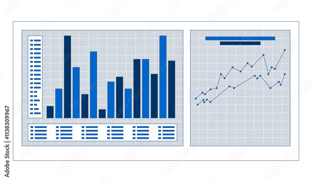 Aufkleber bar chart and line graph on dashboard 2d cartoon object. data analysis, comparison metrics on grid. 