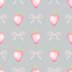 Strawberries and bows. Watercolor seamless pattern in pastel colors for textiles and wrapping paper. Cute children's illustration