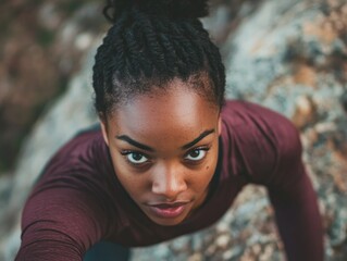 A determined climber reaches for a higher grip on a rock face, showcasing strength and focus.