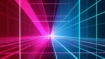 Experience a captivating display of vibrant neon colors as lines and grids move dynamically through a futuristic space. The animation immerses viewers in a visually striking environment