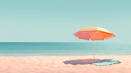 Serene Beach Scene with Colorful Umbrella and Simple Towel on Soft Sand under Clear Blue Sky and Calm Ocean Waters