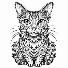 A detailed and beautiful line drawing of a cat. ,white background