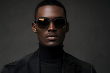 Fototapeta premium black man portrait with sunglasses and fashion model look on dark background, showcasing a stylish and serious modern appearance
