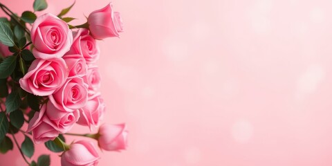 Fototapeta premium Pink roses in delicate bloom, arranged in a romantic bouquet against a soft pastel background
