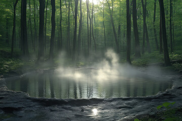 Obraz premium Misty forest pond at sunrise.