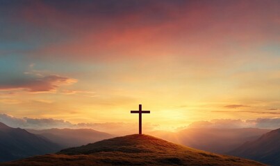 Crucifixion of Jesus Christ with a cross silhouetted against a colorful sunset over mountains