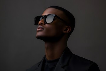 Obraz premium black man portrait with sunglasses and fashion model look on dark background, showcasing a stylish and serious modern appearance