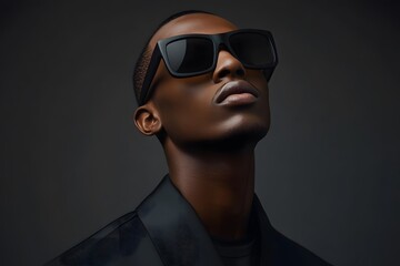 Fototapeta premium black man portrait with sunglasses and fashion model look on dark background, showcasing a stylish and serious modern appearance