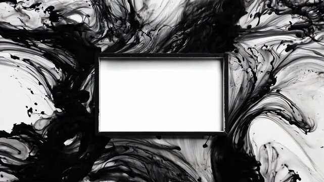 Abstract black ink swirling around a rectangular frame on a white background, creating a dramatic and artistic visual with fluid, dynamic motion