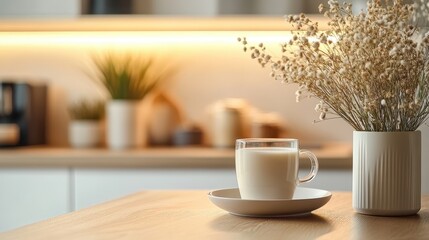 Obraz premium Chic Modern Kitchen Corner with Sleek Wooden Table, Coffee Cup, and Decorative Flower Vase for Stylish Interiors