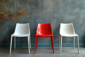 Three chairs, two white, one red, against a textured wall.