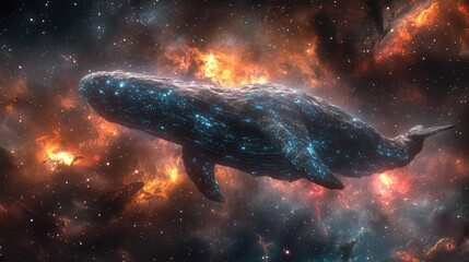 A massive alien leviathan resembling a whale with bioluminescent patterns drifting peacefully in a colorful nebula © FairValue Stock