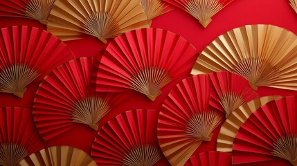Red and gold fan pattern background. Festival or wedding traditional asian decoration. Lunar New Year chinese banner template