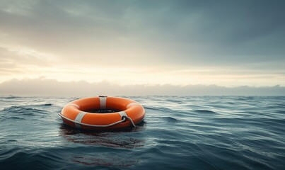 Obraz premium Lifebuoy drifting on calm sea under cloudy skies at dusk, providing a sign of safety in open water