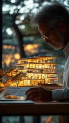 Mature caucasian male architect examining building model at dusk