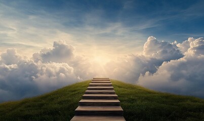 Stairway leading up to a bright heavenly sky with clouds and light in a serene landscape