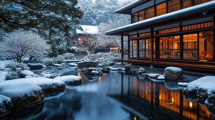 Traditional Japanese ryokan surrounded by serene snow-covered landscape with reflecting pond in evening light