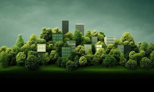 Innovative green city concept showcasing urban development surrounded by lush trees and grass with modern architecture