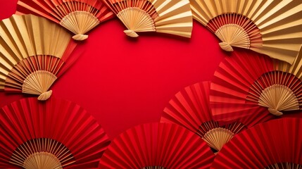 Red and gold fan pattern background. Festival or wedding traditional asian decoration. Lunar New Year chinese banner template