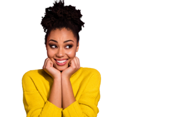 Close up photo of pretty creative girl hands chin look have thoughts isolated over purple violet background