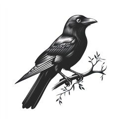 Fototapeta premium Black crow perched on a branch, detailed ink drawing.