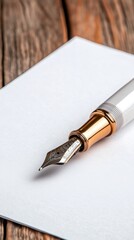 Fototapeta premium Elegant Gold White Fountain Pen on Paper Luxury Stationery Writing