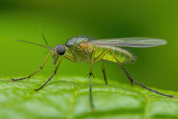 Macro Shot of Green Mosquito Resting on Leaf in Natural Habitat. Vibrant close-up of a green mosquito perched on a textured leaf, showcasing its wings, body, and antennae in fine detail.