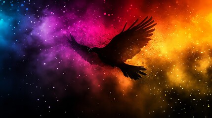 A majestic black bird silhouetted against a colorful cosmic background featuring vibrant hues of purple, orange, and blue.