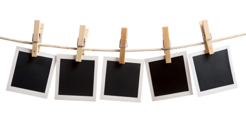 blank photo frames on rope isolated on white background 
Png