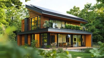 Sustainable Modern Home with Solar Panels Surrounded by Nature
