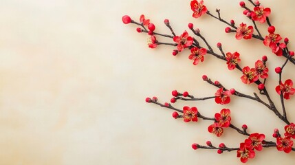 Red apricot blossom branch on soft color background. Flat lay. Chinese new year decoration. with copy space 