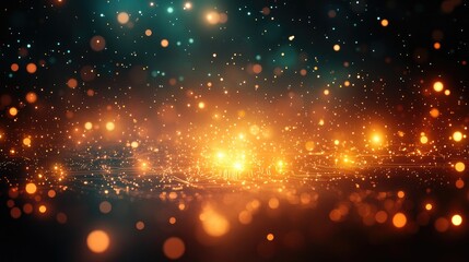 Fototapeta premium Abstract golden and teal bokeh lights on dark background.