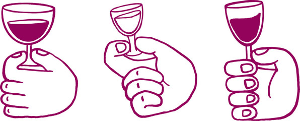 Vector Simple Elements of Hands Holding Wine Glasses. Celebration, Holiday and Party Time. Minimal Linear Handwritten Design - part 2