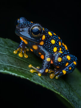 Close-up of a blue frog with luminescent yellow spots.