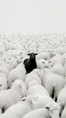 Obraz premium Flock of white sheep. In the centre a single black sheep. Concept of diversity, originality.