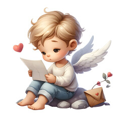 Fototapeta premium Valentines Cupid Day Clipart Watercolor Victorian Vintage cupid cherub angel wings flowers for greeting card poster banner Digital Planner