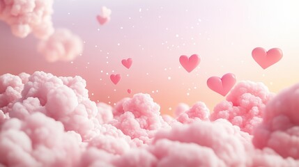 Fototapeta premium Dreamy Pastel Pink Sky Filled with Fluffy Clouds and Floating Hearts in a Surreal Composition of Soft Colors