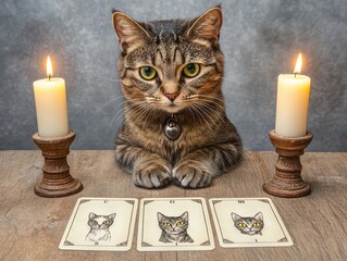 A mystical cat sits by candles, surrounded by tarot cards featuring different cats.