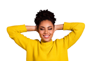 Close up photo of charming youth close eyes hands head wear stylish trendy jumper pullover isolated over purple violet background