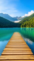 Fototapeta premium Serene Mountain Lake Wooden Dock Tranquil Nature Scenery