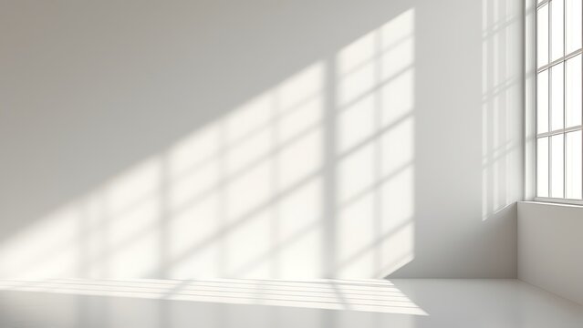 Authentic wall featuring a gobo shadow. Shadows cast by the window frame and blinds on a white studio background with a vector set of the lightning effect overlay.