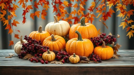 Autumn Harvest A Tabletop Still Life of Pumpkins and Berries, Surrounded by Delicate Fall Foliage