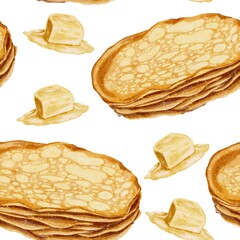 Hot pancakes and pieces butter seamless pattern on white. Watercolor illustration for packaging, kitchen textiles, napkins, labels.
